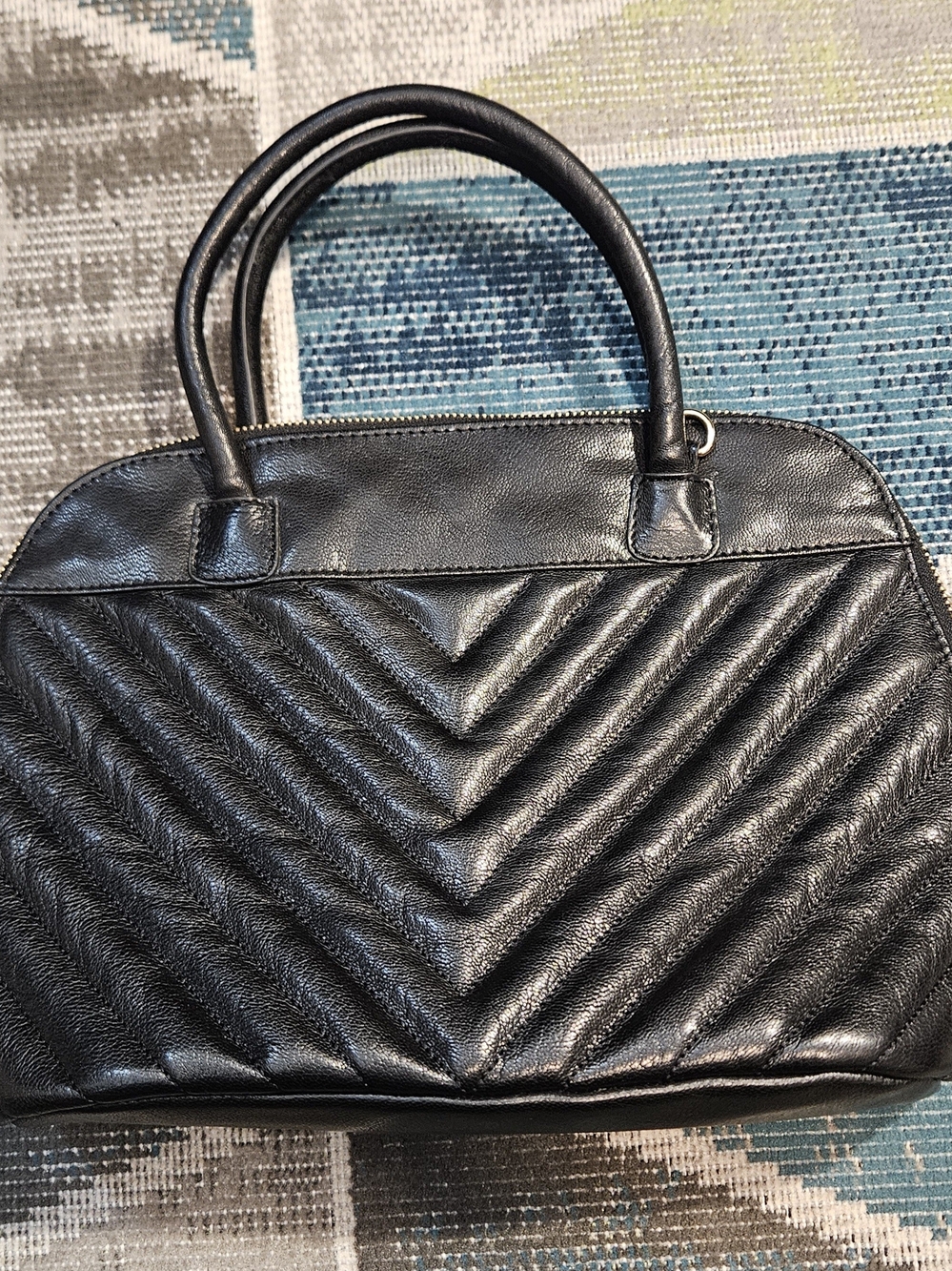 Global Generation Black Chevron Quilted 100% Genuine Leather Dome Satchel Bag